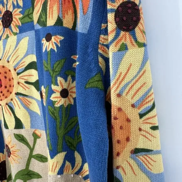 NorthStyle Sweater Womens Large Sunflower Floral Pullover Blue Beige Knit Boho L - Picture 5 of 12